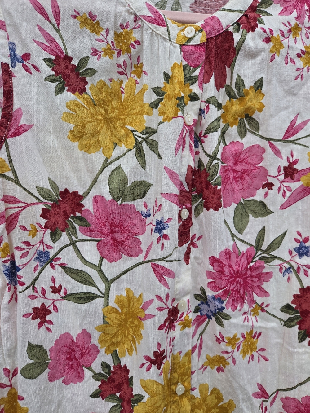 Floral Button-Up Sleeveless Blouse in White with Yellow, Pink & Green - Picture 8 of 10